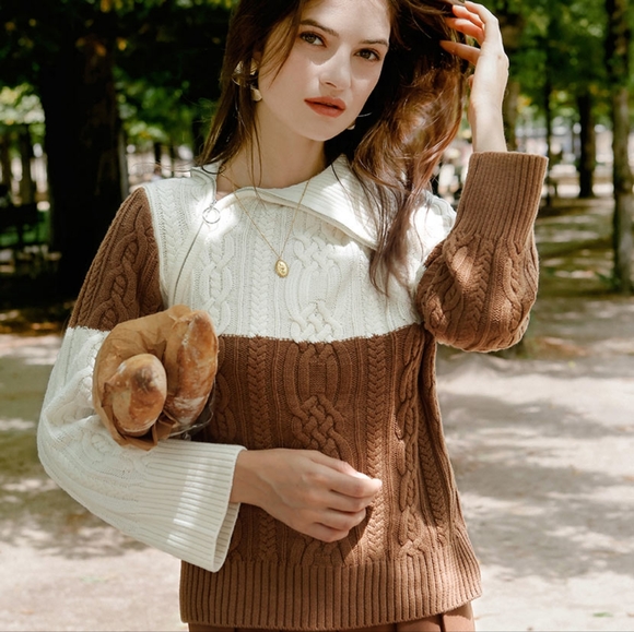 Petite Studio French Style Rowen Wool Sweater - Ivory & Caramel - Picture 5 of 8